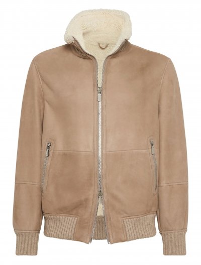 Suede curly shearling bomber jacket with cashmere knit collar