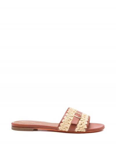 Leather and raffia slide sandals