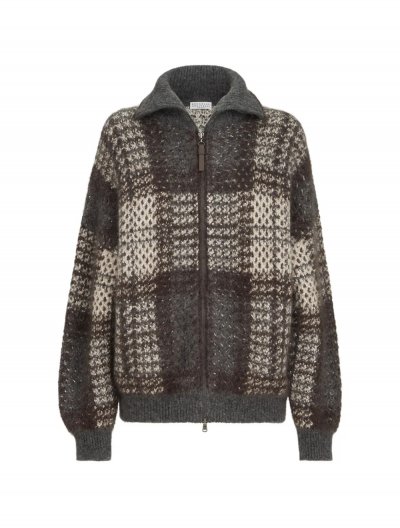 Dazzling tartan double knit outerwear jacket in mohair, virgin wool and cashmere with shiny zipper p