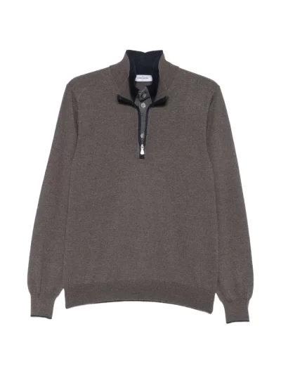 Half-zip wool knitwear with leather details